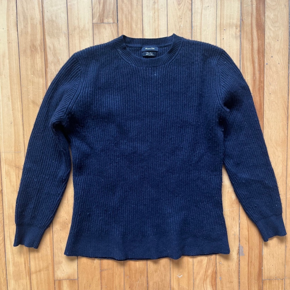 Massimo Dutti Men's Navy Blue Crew Neck Long Sleeve Sweater Cotton Wool Blend